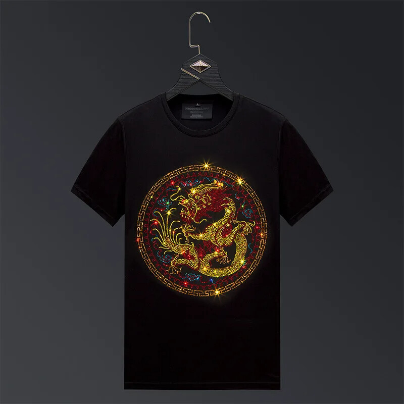 New Fashion Dragon Rhinestone Summer Short Sleeve Luxury Men Streetwear T-Shirt