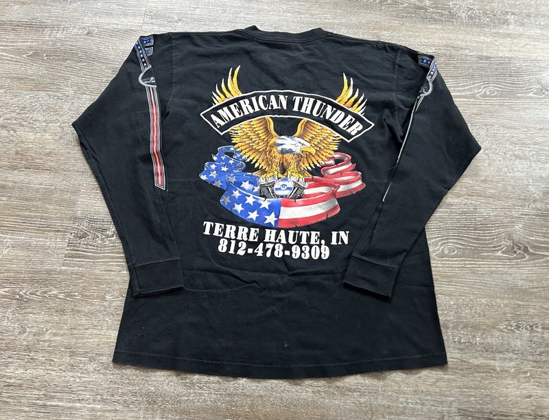 Vtg 90s American Thunder Motorcycles Long Sleeve Biker Graphic T Shirt 1999 USA