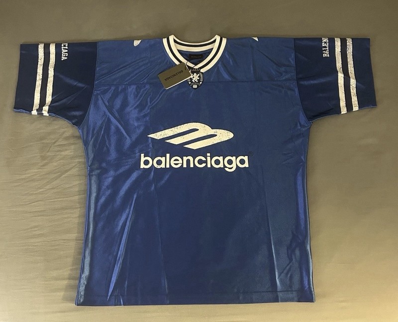 Balenciaga Men's L Blue/White Logo V-Neck Short Sleeve Satin T-Shirt