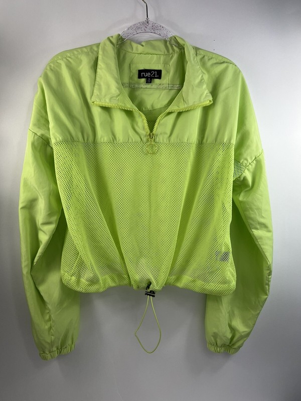Rue 21 Top Unisex Sz XL Lime Green Long Sleeves Open Mesh Drawstring 1/4 Zip