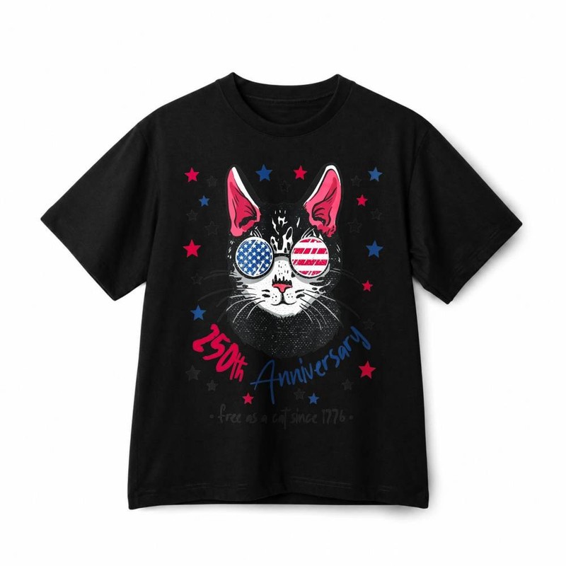 250th Anniversary Patriotic Cat USA Flag Sunglasses Retro Cotton T-Shirt Unisex