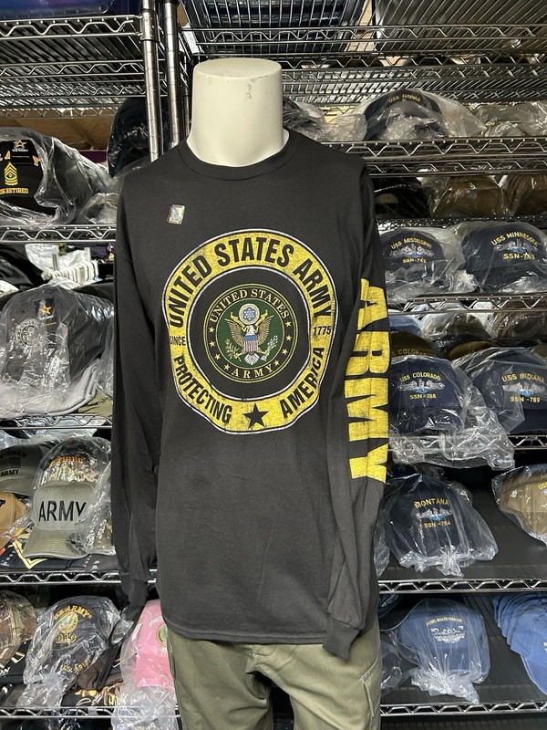 US Army Long Sleeve Black T-Shirt Protecting America Veteran Sleeve Print