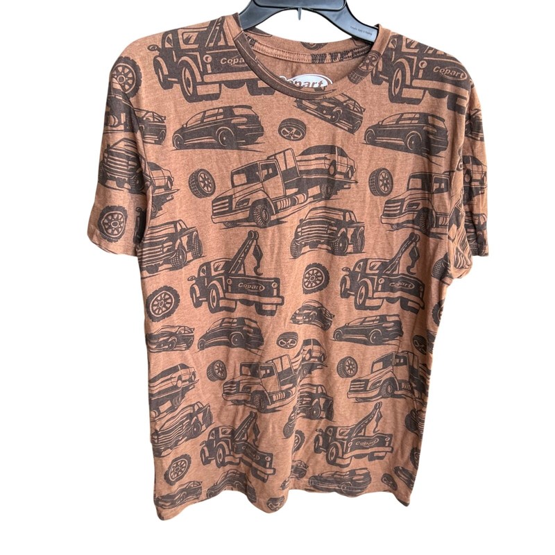 Copart all-over print tee cars, trucks, tow auto promotional apparel brown sz L