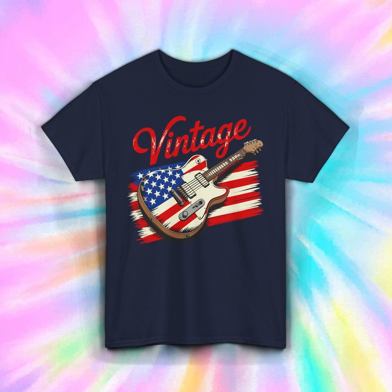 Vintage Guitar Shirt American Flag Music Lover Patriotic Rock Tee S-5XL