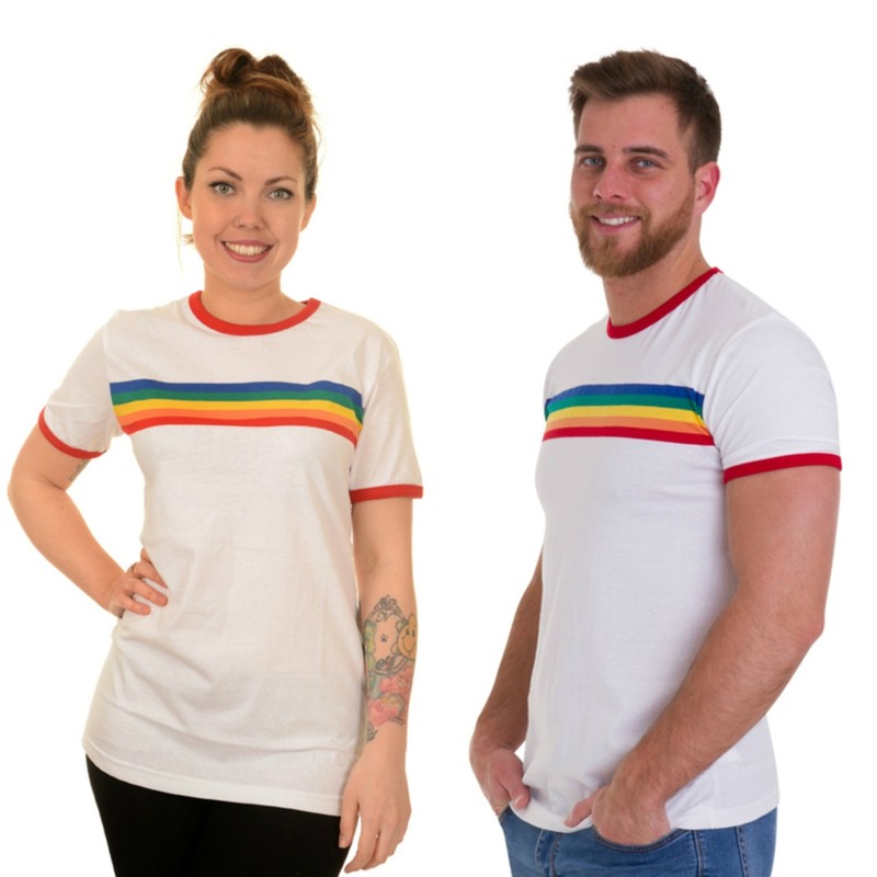 Run and Fly Rainbow Stripe Ringer T Shirt Top Bright Colourful Retro 70s Gay Pri