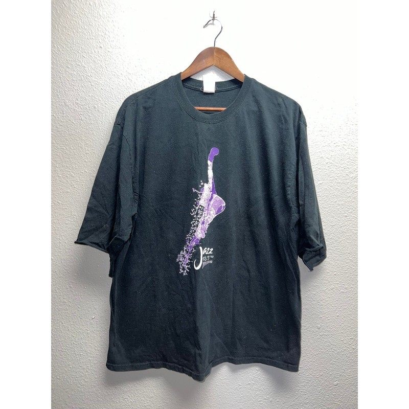 Vintage Jazz Radio Shirt 93.5 Music Graphic Black Gildan Tee XL Mid Sleeve