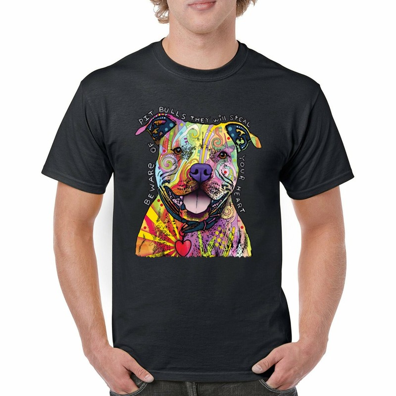 Beware of Pit Bulls T-shirt Dean Russo Art Colorful Cute Dog Men’s Tee