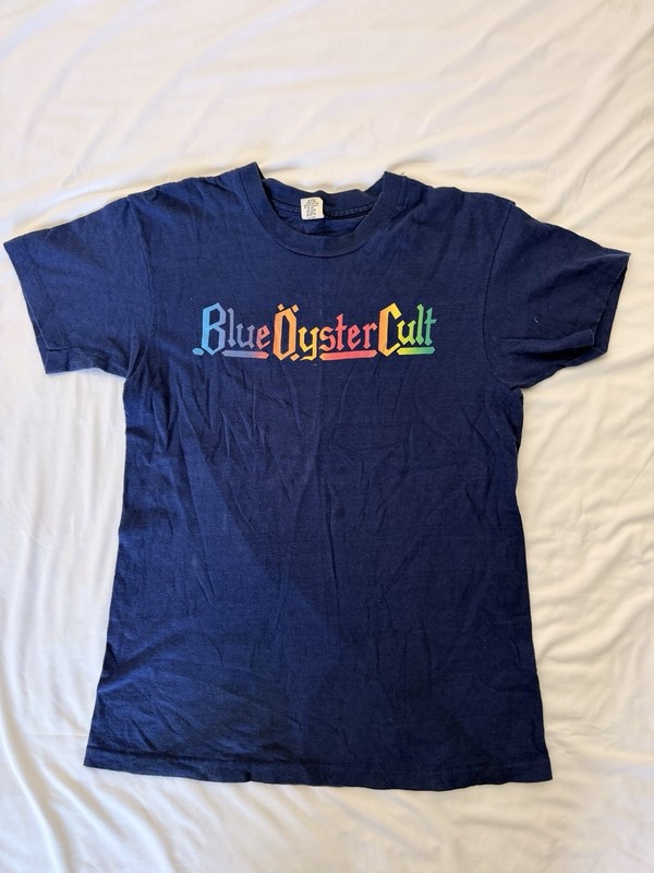 Vtg 70s Blue Oyster Cult T Shirt L Hanes Single Stitch Rainbow Logo