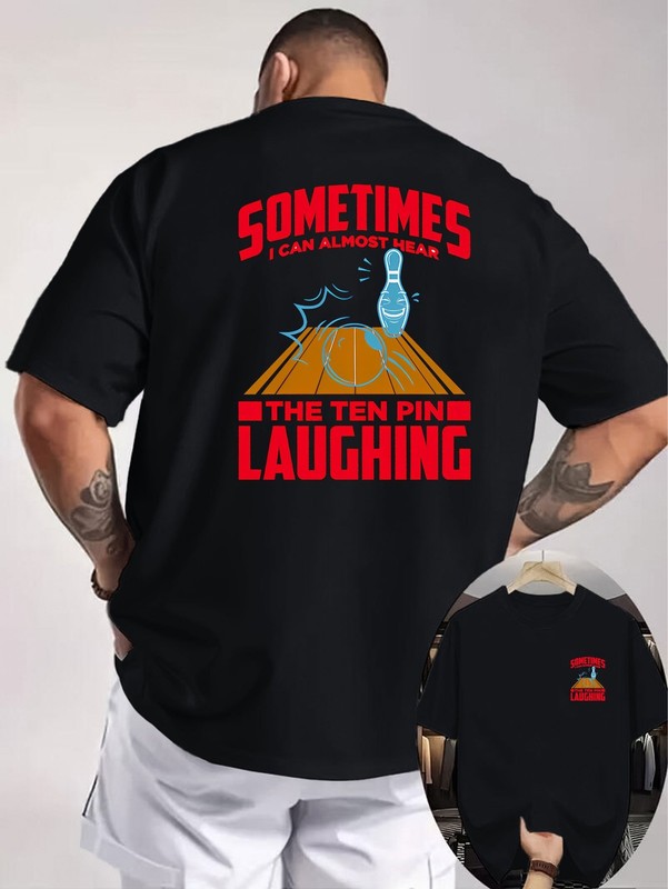 Men’s Bowling Fun Text Illustration Pattern Double-Sided Print T-Shirt