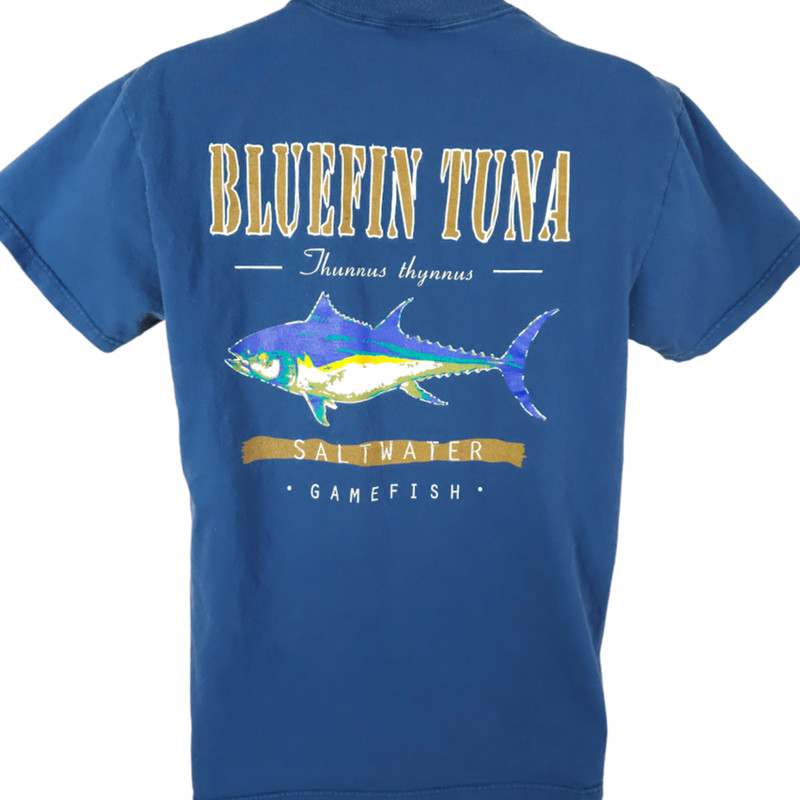 Vintage Bluefin Tuna T Shirt Mens Size Medium Blue Y2K Sport Fishing Salty Dawg