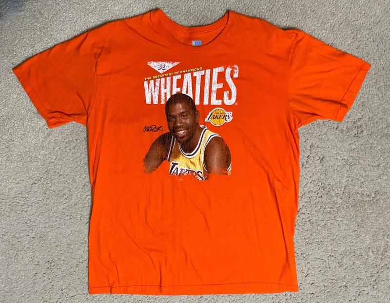 Vintage MAGIC JOHNSON T-Shirt WHEATIES Orange MEN’S Lakers LARGE vintage rare