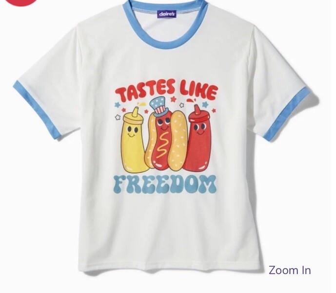 NWT Claire’s July 4th “Tastes Like Freedom” SS White Graphic Hot Dog T-shirt