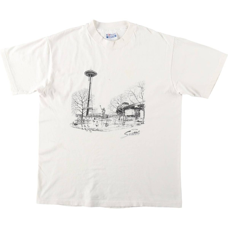 Used 80’S Hanes BEEFY-T Blue Tag Printed T-Shirt Made in USA Men’s Size L (a…