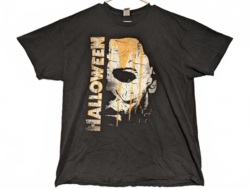 Halloween Michael Myers Cracked Mask Horror Graphic T-Shirt Black Mens XL