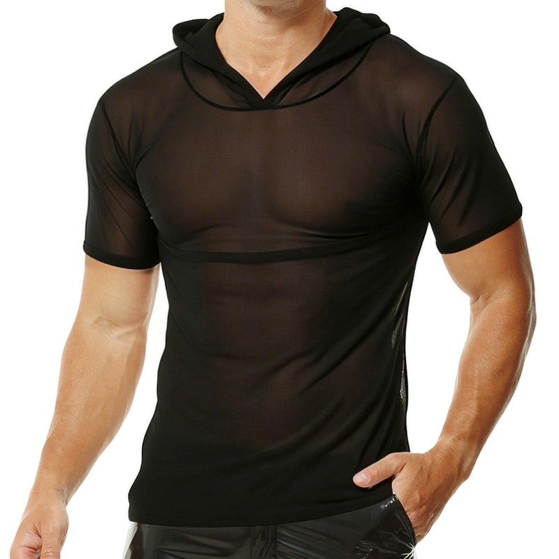 Mens Short Sleeve T-shirts Mesh See Through Breathable Tops Stretchy Hooded Tees