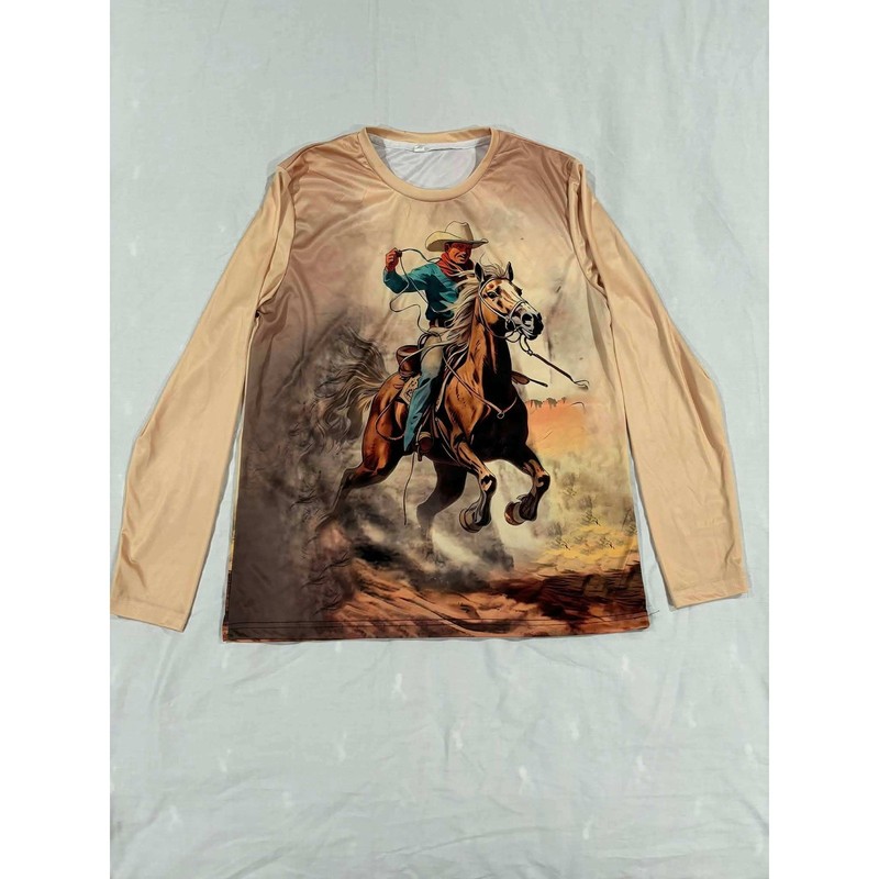 Mens Long Sleeve Graphic Tee Cowboy Horse Riding Western Style Shirt