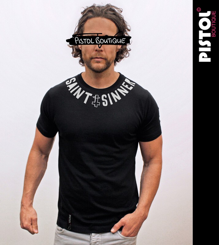 Pistol Boutique men’s Black crew neck Chest SAINT & SINNER CROSS slogan T-shirt