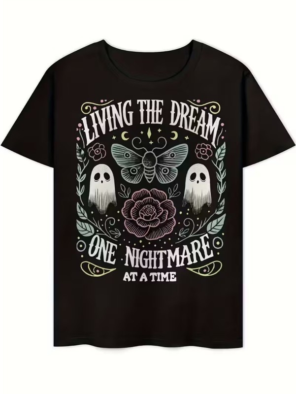 “Living The Dream” Goth Graphic Tee – Pastel Goth Ghost & Moth Shirt