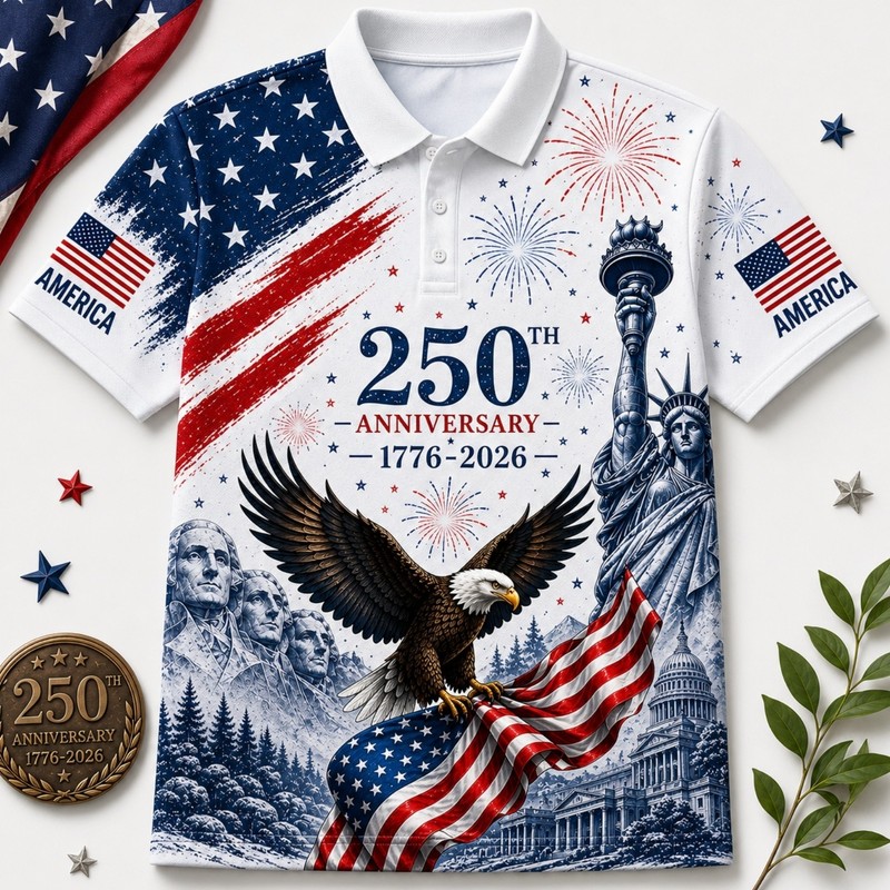 USA 250th Anniversary Golf Polo Shirt 1776-2026 American Flag Patriotic (S-5XL)