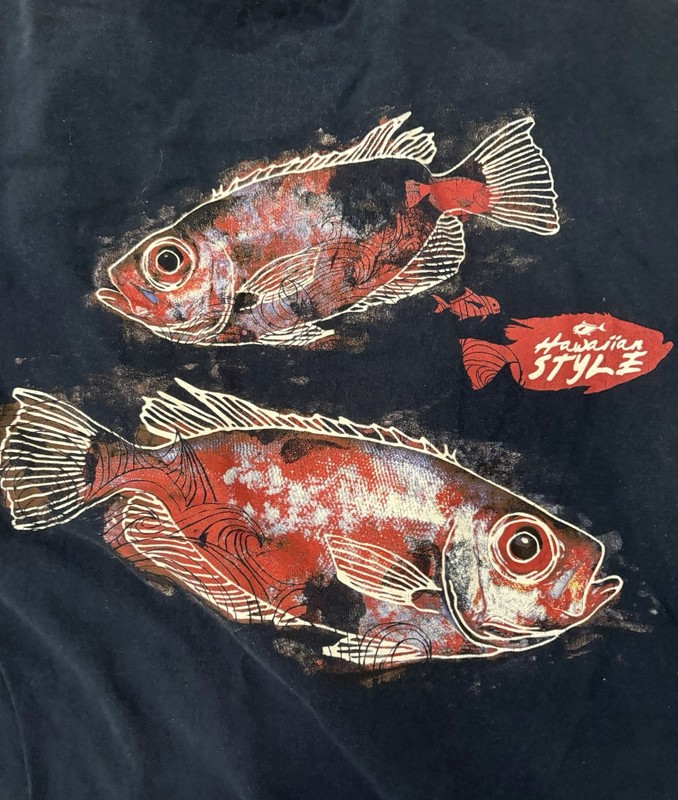 Hawaiian Style Fishing Gyotaku Logo Navy blue t shirt Men’s Large