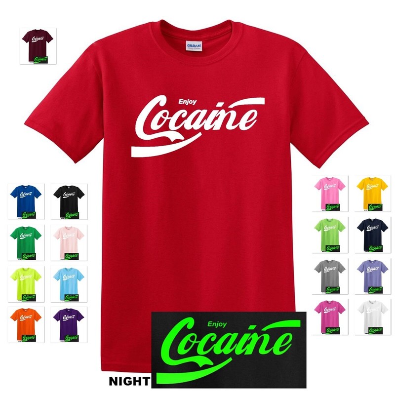 GLOW IN THE DARK ENJOY COCAINE COKE COCA COLA PARODY HUMOR FUNNY GAG TEE T-SHIRT