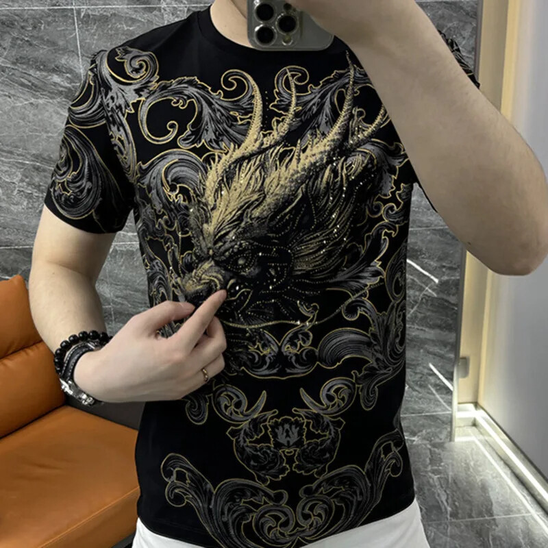 New Men Luxury Dragon Trend Rhinestones Diamonds Fashion Summer Black T-Shirt gallery