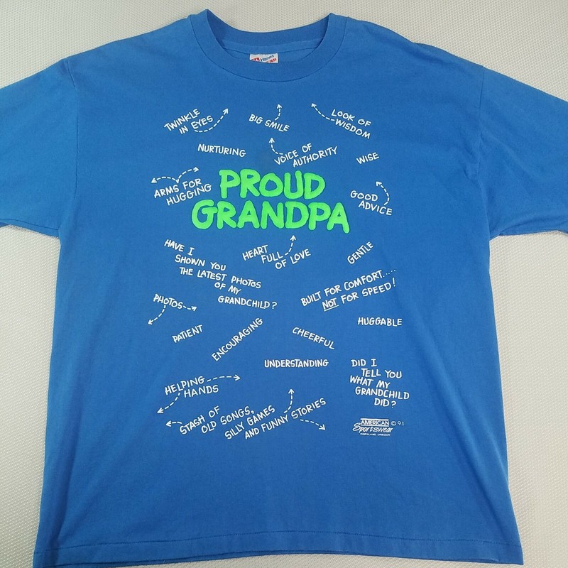 VTG Pround Grandpa Father 1991 TShirt Sz XL Blue Single Stitch Double Sided USA