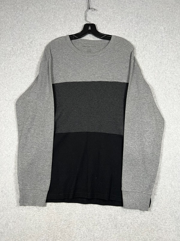 Men’s American Eagle Gray & Black Color Block Knit Long Sleeve T-Shirt Size XL