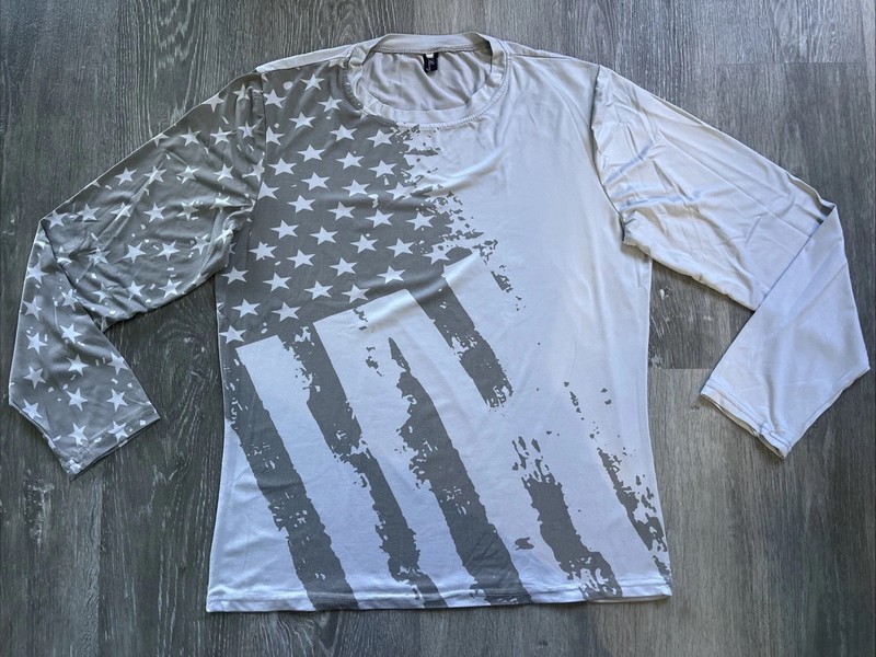 WEATHERED AMERICAN FLAG Lightweight Long Sleeve T Shirt Tee LIGHT GRAY MEDIUM