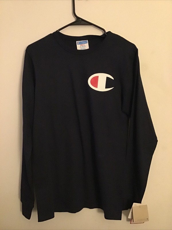Champion Mens Blue Navy Life Heritage BigC Vertical Logo Long Sleeve Shirt