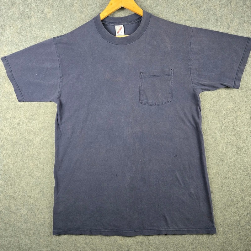 Vintage Pocket T-Shirt Mens Large Navy Blue Blank Distressed Faded 90s USA Made