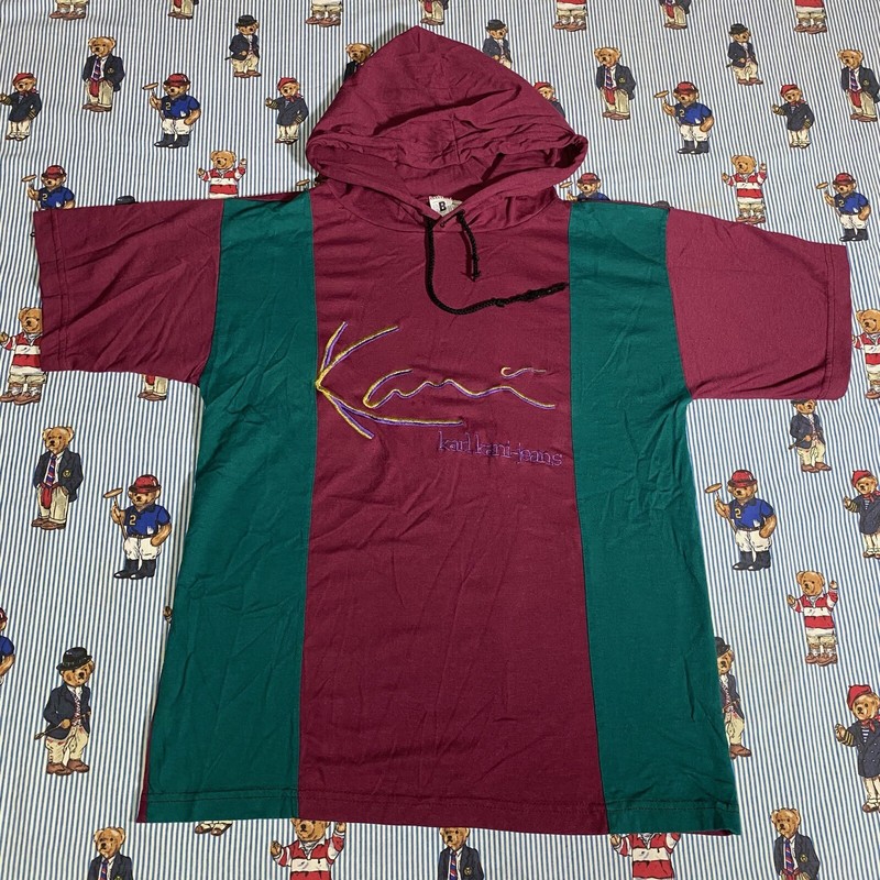 VTG 90s Karl Kani Jeans Colorblock Hooded T Shirt MEDIUM Hip Hop Rap Green Purpl