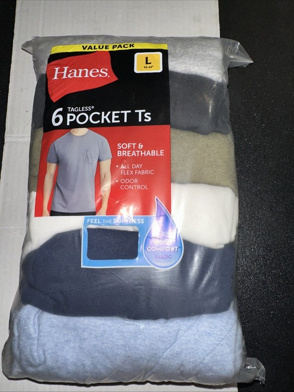 Hanes Tee Shirt, Pocket, Men Size L, 42 – 44, Soft/Breathable, Package of 6