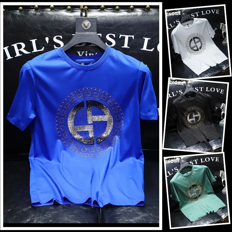 New Fashion Trend Rhinestones Summer Short Sleeve Luxury Men Cotton T-Shirt