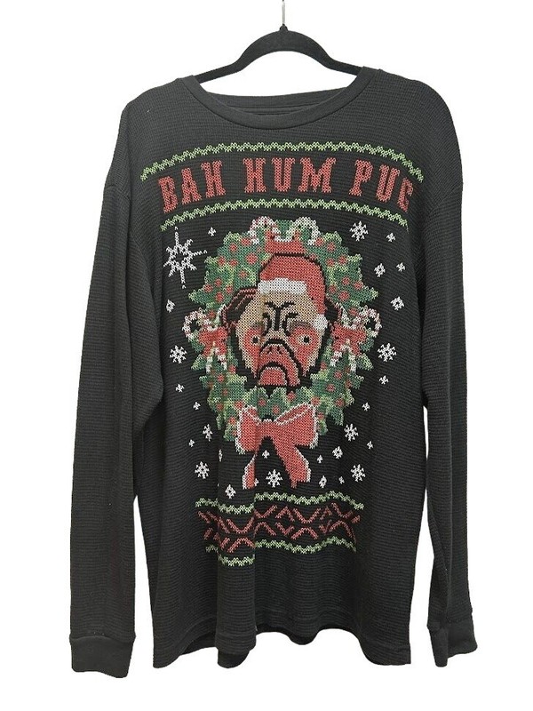 Christmas shirt Mens XL Thermal Black Bah Hum Pug Dog Humbug Long Sleeve