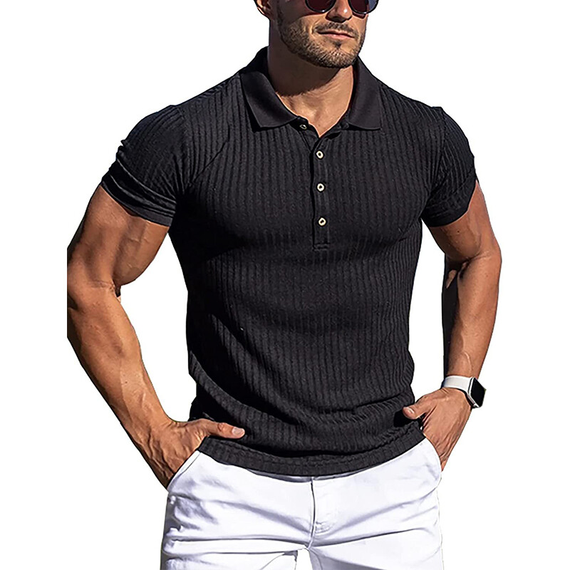 Mens Tee Short Sleeve T-Shirt Summer Ribbed Stretch Slim Fit Casual Blouse Tops