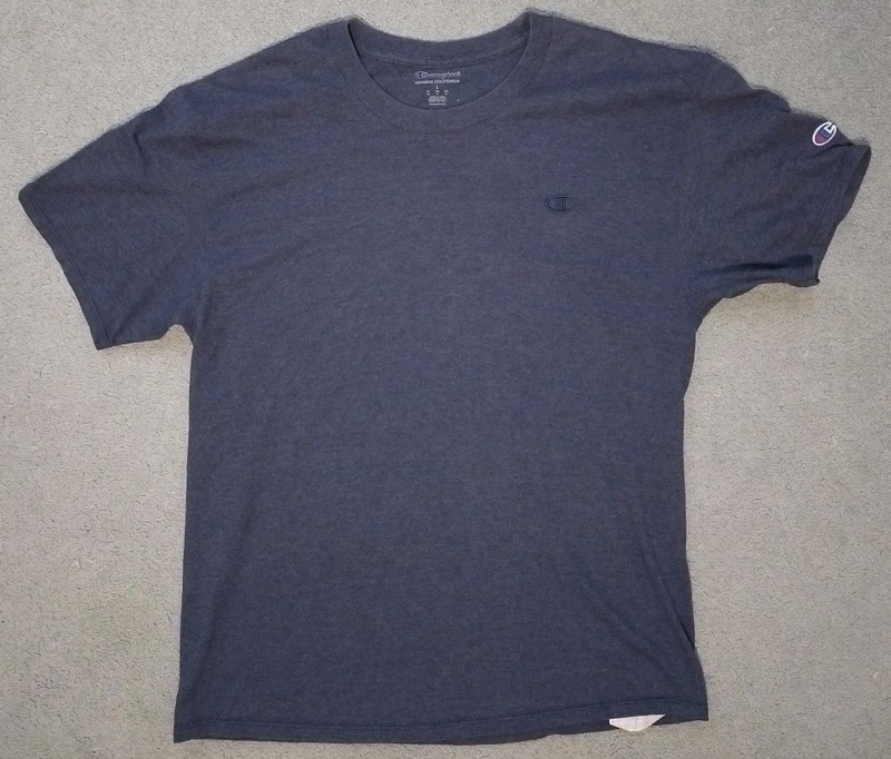 Mens L Champion Tee Embroidered Logo Heathered Navy Blue Pit 19.5 Length 27.5