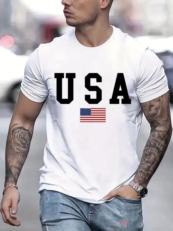 USA Graphic Print T-Shirt For Men Casual Short Sleeve Tee 1 Pcs 100%