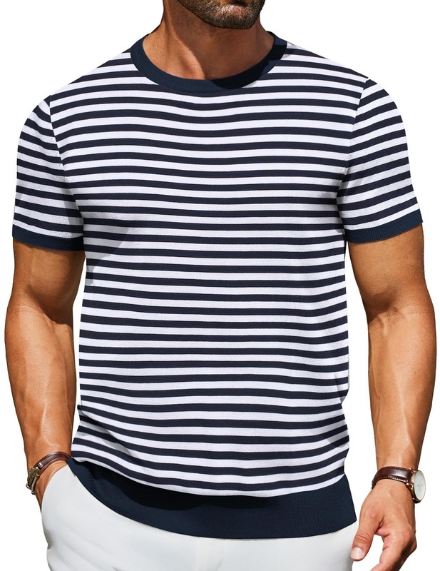 Men’s Knit T-Shirts Short Sleeve Striped Pullover Crewneck Casual Solid Tees,…