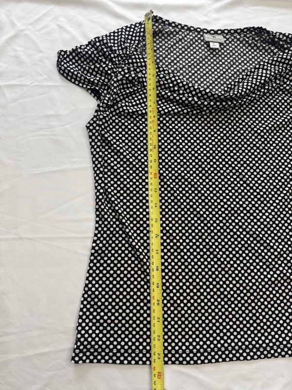 Black White Polka Dots Ruched Cap Sleeve Cowl Scoop Neck Stretchy Shirt Size L gallery