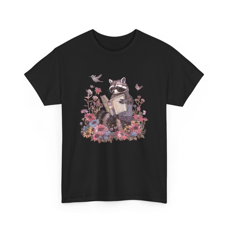 Boho Floral Raccoon Reading Book T-Shirt Whimsical Book Lover Shirt