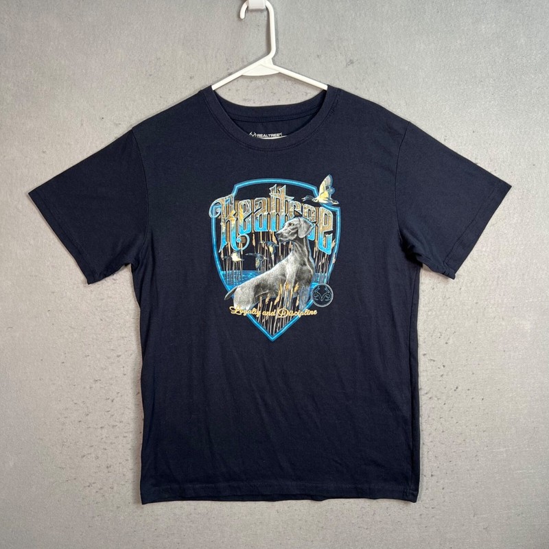 Realtree Navy Blue Graphic T-Shirt Dog Design “Loyalty & Discipline” Medium