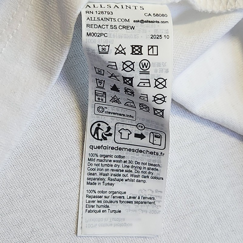 AllSaints Redact SS Crew Neck T-Shirt White Oversized Organic Cotton Men’s Large gallery