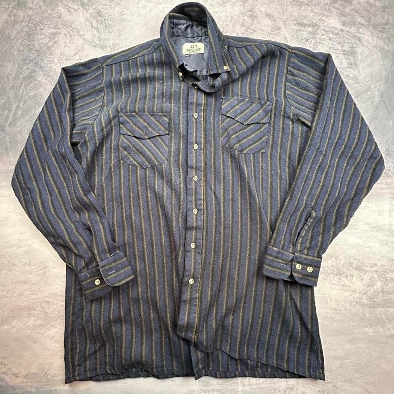 Dark Striped Button-Up Shirt Chest Pockets Vintage Casual Y2K Streetwear XL gallery