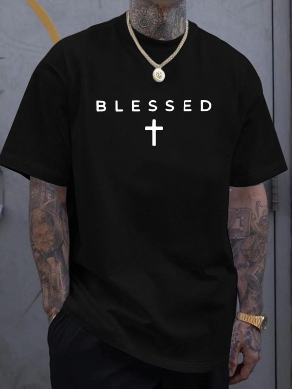 Men'S "Blessed" Cross Print T-Shirt - Casual Crew Neck, Short Sleeve, Lightweigh