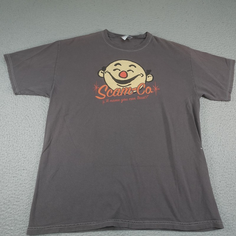 Vintage Scam Co Shirt Mens Large Gray Funny Graphic Tee Novelty Humor Cartoon