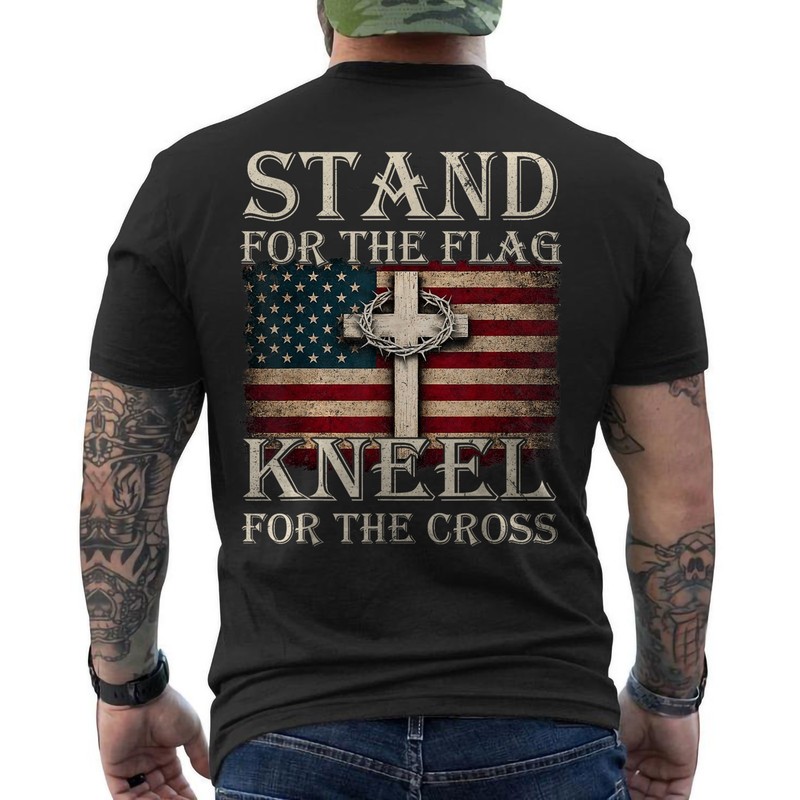 USA Flag Cross Religious Quote 4th of July Christian Faith ON BACK T-Shirt