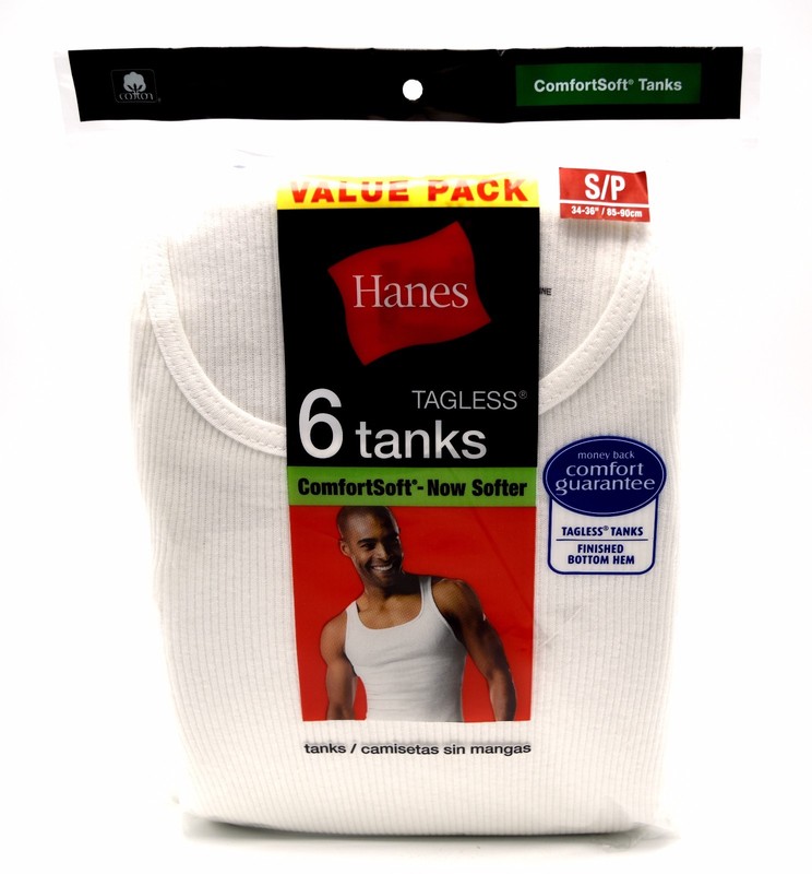6 Hanes White Tanks Small S 34-36 Inch Tagless ComfortSoft P 85-90 CM