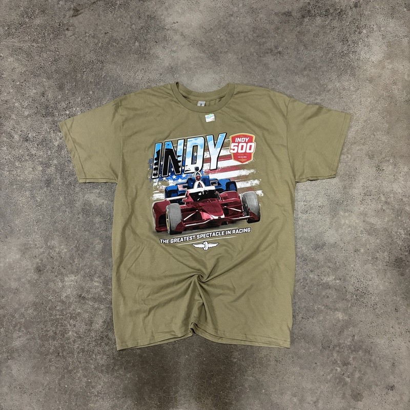 New 2024 Indianapolis 500 Shirt Mens Large Olive Green Graphic Tee Short Sleeve