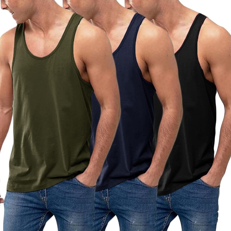 Men’s 3 Pack Cotton Performance Classic Tank Tops (M, Black/NavyBlue/Army Green)